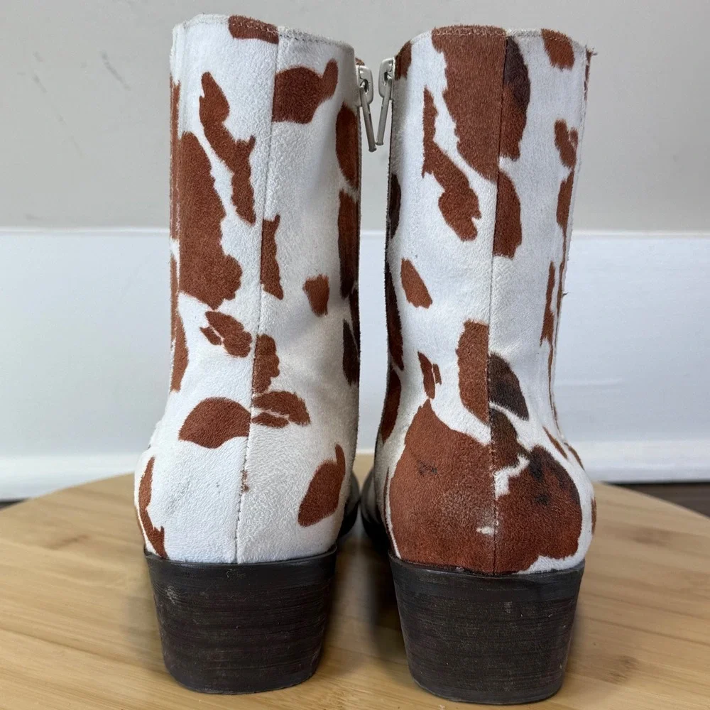 Good Arider Girl Cow Print Western Ankle Boots Women's 7 Brown White Zip Toe
